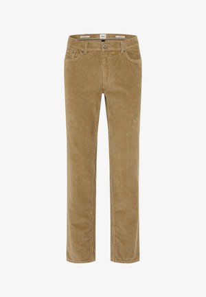 Braune Corduroy-Hose mit geradem Bein, glatter Textur, fünf Taschen und Metallknopfverschluss an der Taille.