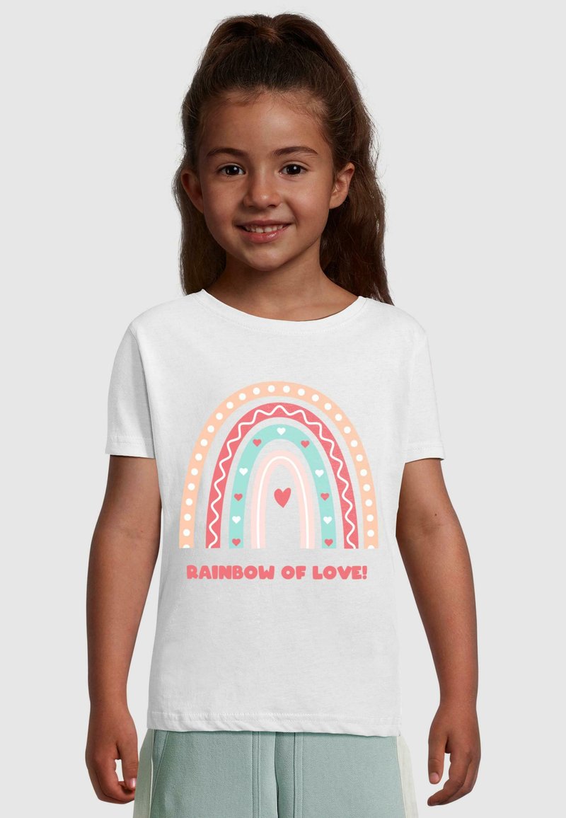 White cotton t-shirt featuring a multicolored rainbow graphic with hearts and decorative borders, text reads "RAINBOW OF LOVE!" in bold pink.