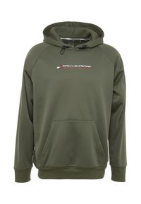 Felpa con cappuccio verde oliva e tasca frontale, realizzata in tessuto liscio. Presenta il logo "TOMMY SPORT" in rosso e bianco sopra la tasca.