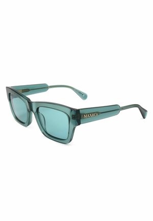 Occhiali da sole rettangolari traslucidi verdi con montatura spessa e logo "MAX&Co." sulla stanghetta.