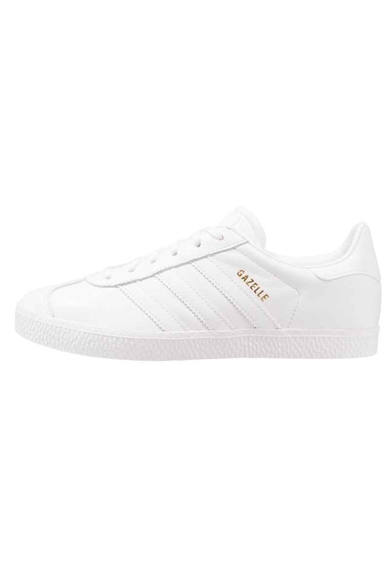 White leather sneaker with three textured stripes and raised sole. Gold "Gazelle" logo on the side. Smooth finish with a classic shape.