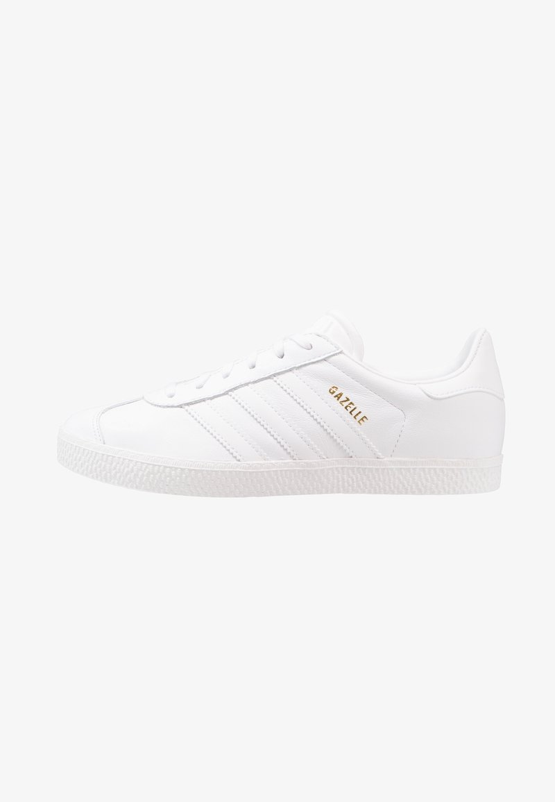 White leather sneaker with three textured stripes and raised sole. Gold "Gazelle" logo on the side. Smooth finish with a classic shape.