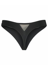 Schwarze Bikinihose aus glattem Material mit V-förmigem Meshdetail vorne und einem tief geschnittenen Design mit breiten Seiten.