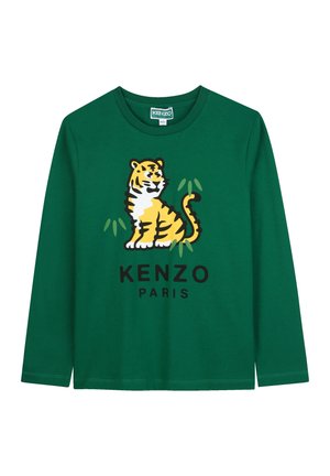 Grünes Langarm-T-Shirt mit einem gelben Tiger-Design und schwarzem "KENZO PARIS"-Text. Hergestellt aus weichem Baumwollmaterial.