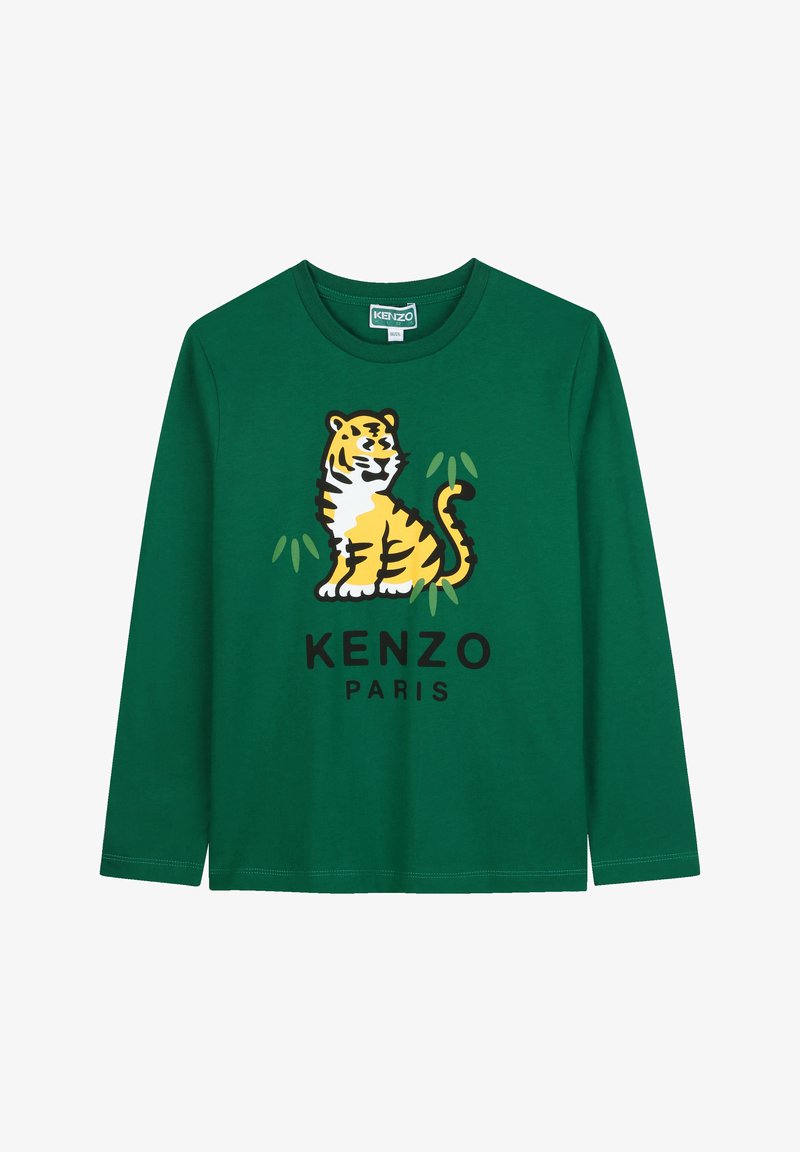 T-shirt vert à manches longues avec un graphique de tigre jaune et le texte "KENZO PARIS" en noir. Fabriqué en coton doux.