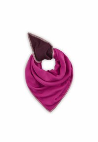 Écharpe en polaire de couleur rose vif avec une accentuation brun foncé. Forme triangulaire avec des coutures décoratives le long des bords. Texture douce.