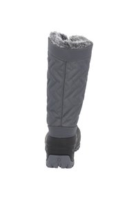Graue gesteppte kniehohe Stiefel mit Kunstfellbesatz am oberen Rand, Gummisohle und strukturiertem Muster auf dem Stoff für Halt und Stabilität.