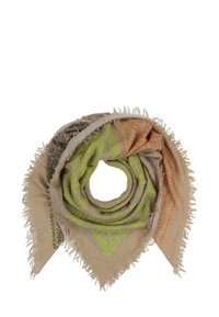 Fular bej cu accente în nuanțe de verde, portocalie și maro, cu un model decorativ. Prezintă margini desfăcute și o textură moale, ușoară.