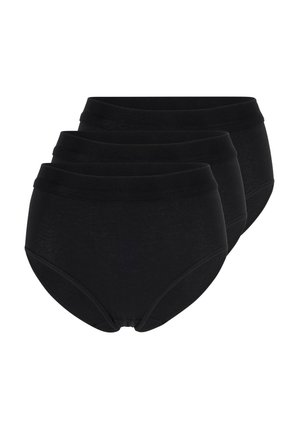 Drei schwarze Baumwollslips mit hohem Bund, gestapelt und mit sichtbaren Vorderseiten- und Taillendetails vor weißem Hintergrund.