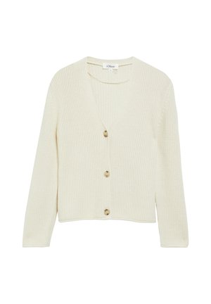 Cremefarbener Strickcardigan mit langen Ärmeln und drei großen Schildpattknöpfen vorne.