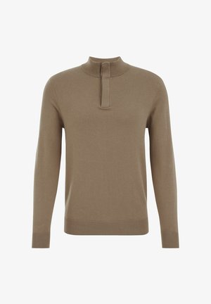 Brune gebreide pullover trui met een hoge kraag en een splitdetail. Lange mouwen met geribde manchetten en een geribde onderrand. Gladde textuur.