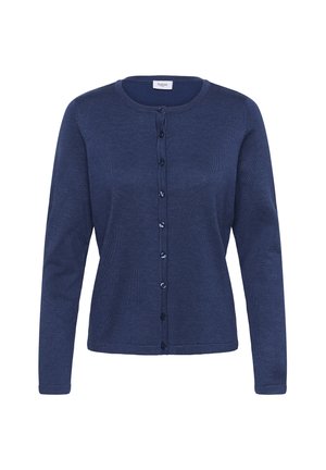 Cardigan a maglia blu navy con scollo rotondo, maniche lunghe e chiusura con bottoni frontali. Tessuto testurizzato con bottoni lisci.