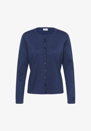 Tumši zils adīts džemperis ar apaļu kaklu, pilna garuma piedurknēm un priekšējo pogu aizdari. Tekstūrēta auduma ar gludām pogām.