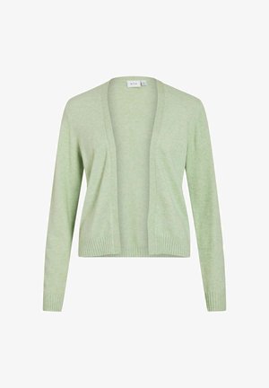 Lysegrønn cardigan med åpen front, lange ermer og ribbestrikkede mansjetter og kant, vist mot en hvit bakgrunn.