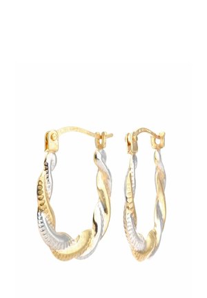 Orecchini ad anello intrecciati in tonalità oro e argento. Presentano una finitura lucida con chiusura a cerniera. Design leggero adatto per l'uso quotidiano.