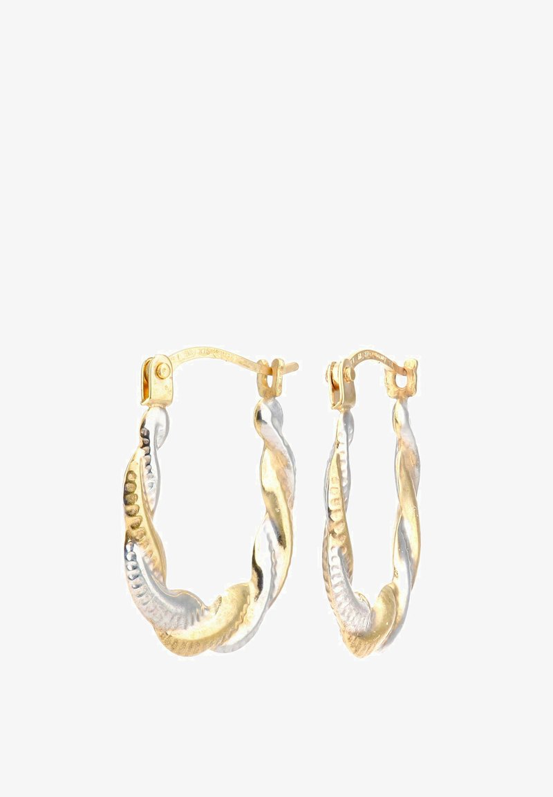 Izvērstas gredzenveida auskaru pāris zeltainās un sudrabainās tonī. Iespējas ar spīdīgu apdari un eņģu aizdari. Viegls dizains, kas piemērots ikdienas lietošanai.