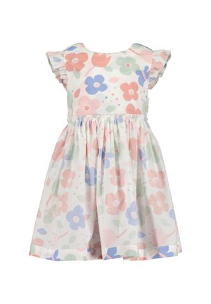 Vestito floreale con maniche corte a volant, vita arricciata e fiori color pastello su sfondo bianco. Tessuto leggero in cotone.