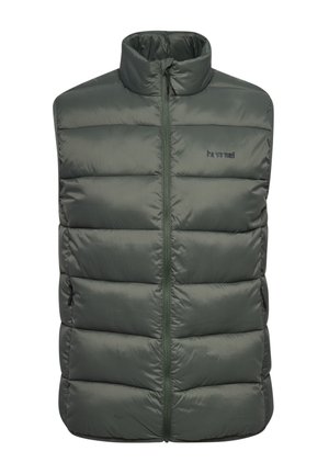 Groene mouwloze gewatteerde bodywarmer met een ritssluiting aan de voorkant, hoge kraag, zijzakken en een klein "hummel"-logo op de borst.
