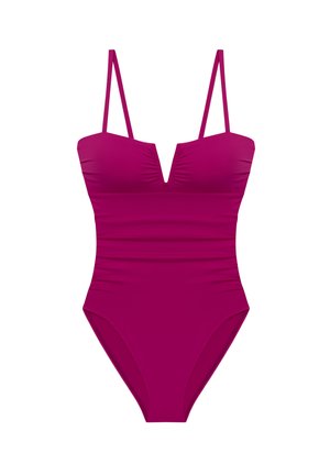 Costum de baie întreg fucsia, cu bretele subțiri reglabile, decolteu în V și detaliu plisat pe părți pentru un aspect flatant.