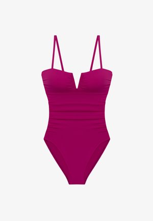 Fuchsiově růžové jednodílné plavky s tenkými nastavitelnými ramínky, výstřihem do V a řasením po stranách pro lichotivý střih.