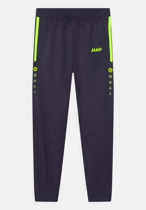 Marineblauwe sportbroeken met neon groene accenten, een trekkoord in de taille, zijzakken en cirkelvormige patroondetails langs de benen.