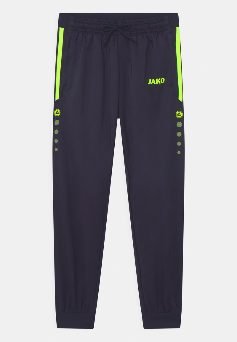 Marinefarbene Sporthosen mit neongrünen Akzenten, Kordelzugbund, Seitentaschen und kreisförmigen Mustern entlang der Beine.