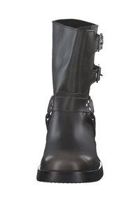 Stivale alla caviglia in pelle nera con punta arrotondata, due fibbie laterali e accenti in metallo argentato. Tessuto liscio con una suola robusta.