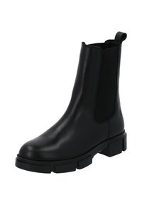 Black leather chelsea boot with elastic side panels, round toe, and chunky rubber sole. Features a pull tab for easy wear.