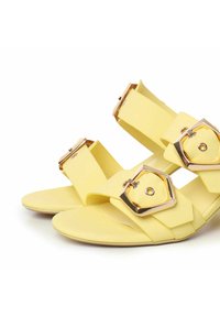 Sandali gialli con fascia larga, con hardware dorato e fibbie geometriche. Suola piatta con superficie liscia e bordi arrotondati.