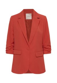 Blazer corail à coupe décontractée avec manches longues, fermeture par bouton et deux poches avant. Le tissu a une texture lisse avec un brillant subtil.