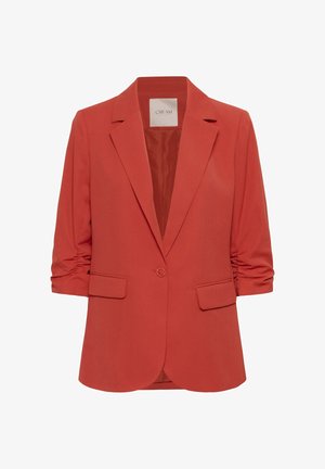 Lõdva lõikega korallvärvi bleiser, millel on pikad varrukad, nupuga lukustus ja kaks eesmist taskut. Kanga tekstuur on sile ja õrnalt läikiv.