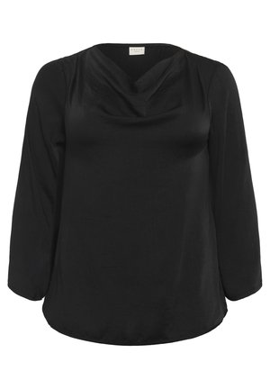 Black blouse with long sleeves, cowl neckline, and a soft, smooth texture. Features a relaxed fit and a rounded hemline.