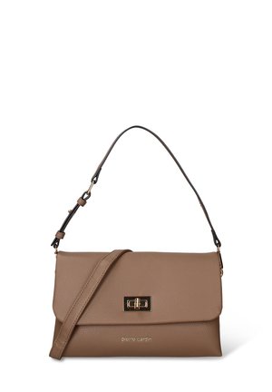 Schultertasche aus taupefarbenem Leder mit verstellbarem Riemen, goldfarbenem Drehverschluss und "pierre cardin"-Logo auf der Vorderklappe.