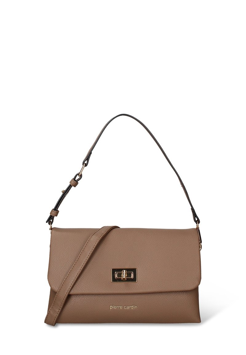 Taupekleurige leren schoudertas met verstelbare riem, gouden draaisluiting en het "pierre cardin" logo op de voorklep.