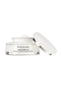 Round, clear glass jar with a white cream and silver accent lid. Label reads "Elizabeth Arden Visible Difference Refining Moisture Cream Complex."