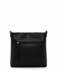 Borsa a spalla nera in pelle con finitura testurizzata, dotata di una tasca con zip sul davanti e un design semplice. Cinghia regolata su ciascun lato.