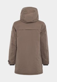 Brun isolerad jacka med huva, som har en slät yta, förlängd längd och justerbara ärmslut. Bakvyn framhäver den minimalistiska designen.