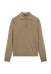 Maglione beige con maniche lunghe, collo e chiusura con tre bottoni. Texture morbida con un design pulito e un dettaglio sottile della tasca sul petto.