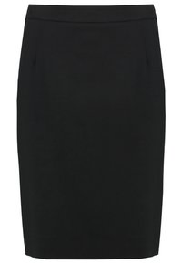 Une jupe crayon noire en tissu lisse, au design ajusté, de longueur mi-mollet, avec des fentes discrètes au niveau des hanches pour une liberté de mouvement.