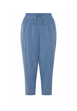Blauwe cropped broek met elastische tailleband, trekkoord, voorzakken en zichtbare naden.