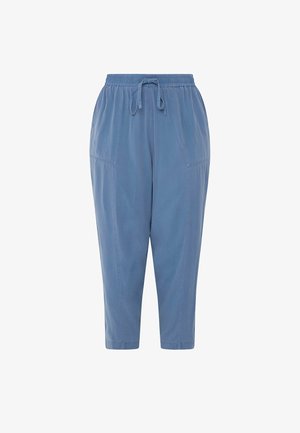 Blauwe cropped broek met elastische tailleband, trekkoord, voorzakken en zichtbare naden.