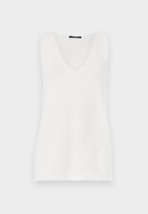 Biała, bezrękawnikowa koszulka z głębokim dekoltem w kształcie litery V, wykonana z gładkiego, lekkiego materiału i w luźnym kroju. Minimalistyczny design, bez widocznych wzorów.