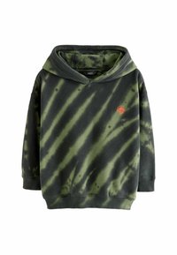 Kapuzenshirt in Dunkelgrün mit schwarzen Batikstreifen. Beinhaltet ein kleines rotes Schädel-Graphic auf der Brust. Material aus Baumwollmischung.