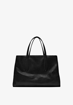 Schwarze Leder-Tote mit zwei langen Griffen, einer strukturierten Form, glatter Textur und minimalistischem Design. Keine sichtbaren Beschläge oder Akzente.