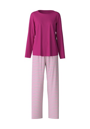 Maglia a maniche lunghe rosa abbinata a pantaloni a righe bianchi e rossi. Tessuto morbido, vestibilità rilassata, scollatura rotonda e design a gamba dritta.