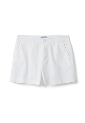 White casual shorts with button closure, front pockets, and belt loops, laid flat on a white background.