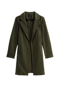 Olivgrön, lång kappa med slagkrage, öppen front och två sidofickor; mjukt, texturerat tyg, klassisk design.