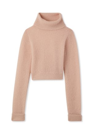 Maglione cropped di un leggero colore rosa, con una texture a coste, caratterizzato da un alto colletto a dolcevita e maniche lunghe con polsini a coste.