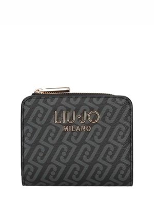 Portafoglio nero compatto con motivo geometrico ripetuto, cerniera dorata e logo dorato "LIU JO MILANO" sul davanti.