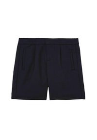 Marinblå shorts med rak passform, veck framtill och två sidoluckor. Tillverkade av ett mjukt tyg med elastisk midja.